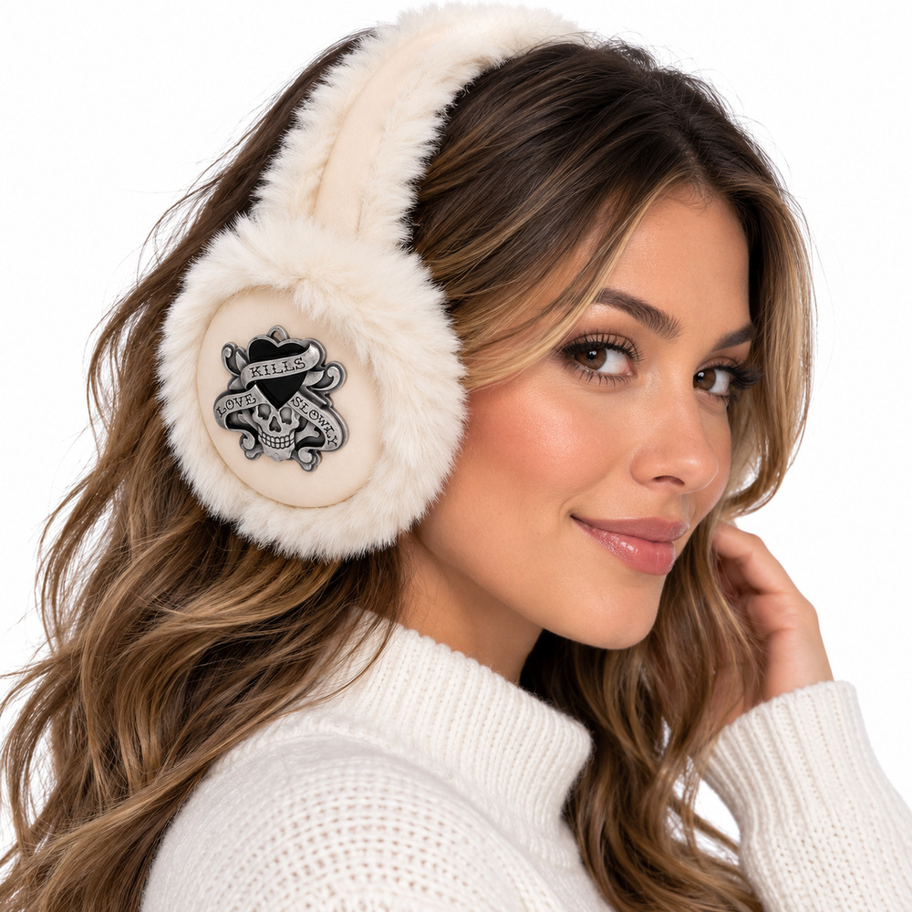 Ed Hardy Womens Faux Fur Earmuffs Love Kills Slowly Skull Y2K Cozy Fall Chic